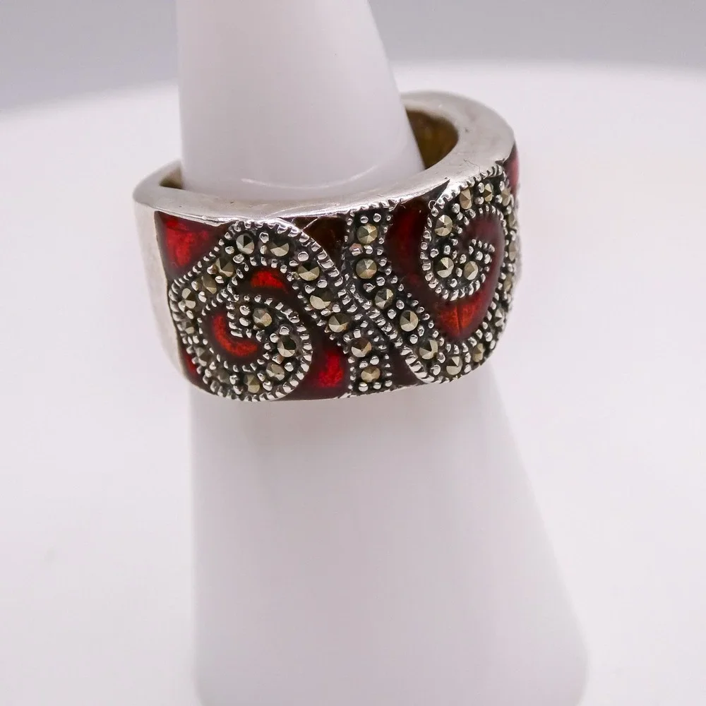 Sterling Silver 925 Red Guilloche Enamel Marcasite Scrolled Ring Sz 7 Vintage
